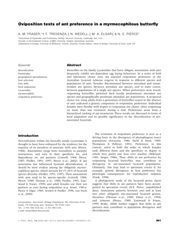 Oviposition Tests of Ant Preference in a Myrmecophilous Butterfly