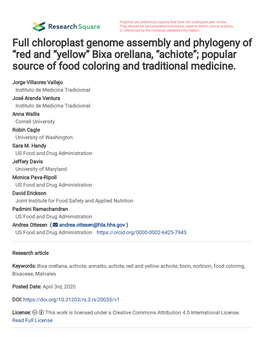 Title Page Title Full Chloroplast Genome Assembly and Phylogeny Of