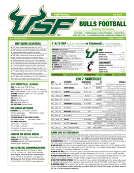 Bulls Football Tampa, Florida 21St Season • 13 Winning Seasons • 8 Bowl Appearances • 5 Bowl Victories • 28 Nfl Draft Picks • 14 All-America Selections • Reached No