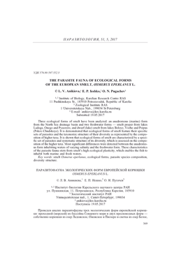 The Parasite Fauna of Ecological Forms of the European Smelt, Osmerus Eperlanus L