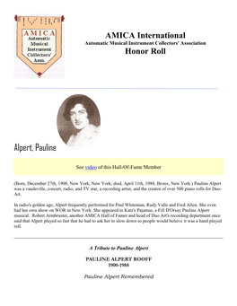 Pauline Alpert Was a Vaudeville, Concert, Radio, and TV Star, a Recording Artist, and the Creator of Over 500 Piano Rolls for Duo- Art