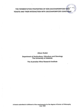 The Fermentation Properties of Non-Saccharomyces Wine Yeasts and Their Interaction with Saccharomyces Cerevisiae