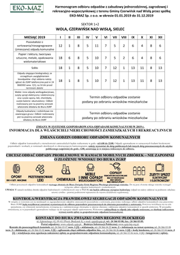 Harmonogram Odbioru Odpadów Z Zabudowy Jednorodzinnej, Zagrodowej I Rekreacyjno-Wypoczynkowej Z Terenu Gminy Czerwińsk Nad Wisłą Przez Spółkę EKO-MAZ Sp