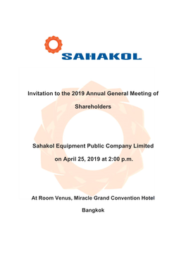 Invitation to the 2019 Annual General Meeting of Shareholders Sahakol