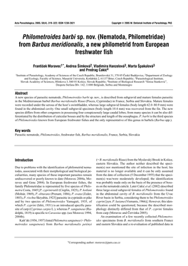 Philometroides Barbi Sp. Nov. (Nematoda, Philometridae) from Barbus Meridionalis, a New Philometrid from European Freshwater Fish Stefañski