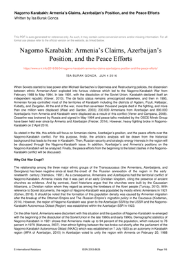 Nagorno Karabakh: Armenia’S Claims, Azerbaijan’S Position, and the Peace Efforts Written by İsa Burak Gonca