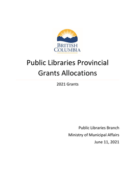 Public Libraries Provincial Grant Allocations 2021 Ministry of Municipal Affairs