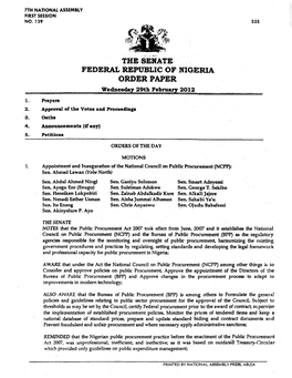 ORDER PAPER Wednesday 29Th February 2012 1