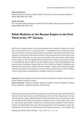 Polish Medicine in the Russian Empire in the First Third of the 19Th Century