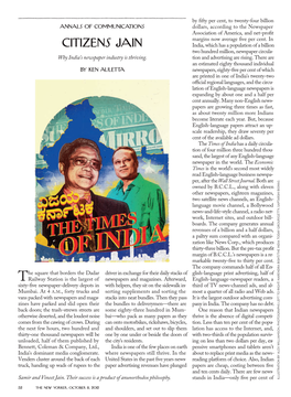 CITIZENS JAIN India, Which Has a Population of a Billion Two Hundred Million, Newspaper Circula- Why India’S Newspaper Industry Is Thriving