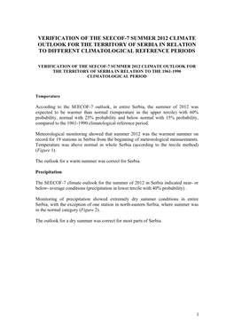 Verification of the Seecof-7 Summer 2012 Climate Outlook for the Territory of Serbia in Relation to Different Climatological Reference Periods