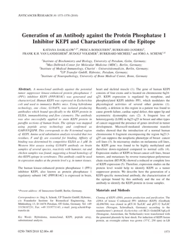 Generation of an Antibody Against the Protein Phosphatase 1 Inhibitor KEPI and Characterization of the Epitope