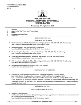 Senate Order Paper- Wednesday, 30Th September, 2020