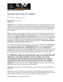 Featured Artist: Gary U.S. Bonds CD Title: Back in 20