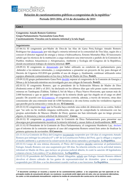 Relación De Cuestionamientos Públicos a Congresistas De La República 1 Período 2011-2016, Al 14 De Diciembre De 2011