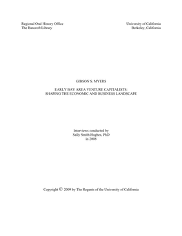 Regional Oral History Office University of California the Bancroft Library Berkeley, California