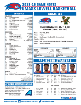 UMASS LOWELL Basketball SCHEDULE Game 31 NOVEMBER 6 at Massachusetts L, 75-83 10 WAGNER W, 88-84 (OT) 13 at Central Connecticut State L, 74-86 16 @Brown! L, 74-82 Vs