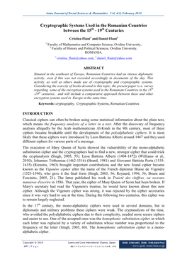 Cryptographic Systems Used in the Romanian Countries Between the 15Th - 19Th Centuries