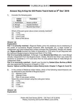 Answer Key & Exp for GS Prelim Test-4 Held on 9 Th Dec' 2018