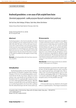 Arachnoid Granulations: a Rare Cause of Lytic Occipital Bone Lesion Ziarnistoœci Pajêczynówki: Rzadka Przyczyna Litycznych Uszkodzeñ Koœci Potylicznej