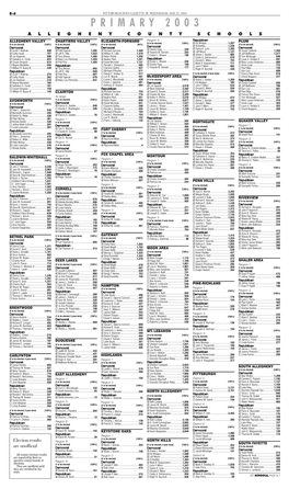 PRIMARY 2003 ALLEGHENY COUNTY SCHOOLS ALLEGHENY VALLEY CHARTIERS VALLEY ELIZABETH-FORWARD Region 3 Republican PLUM (2 to Be Elected) [100%] 6 Ed Wielgus