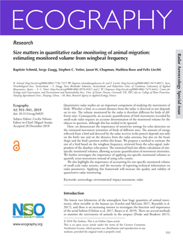 Size Matters in Quantitative Radar Monitoring of Animal Migration: Radar Aeroecology Special Issue Estimating Monitored Volume from Wingbeat Frequency