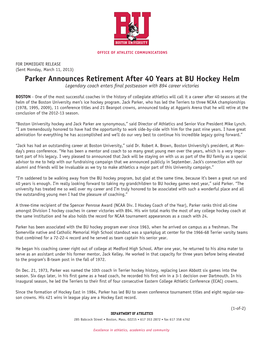 Parker Announces Retirement After 40 Years at BU Hockey Helm Legendary Coach Enters Final Postseason with 894 Career Victories