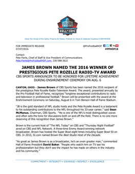 James Brown Named the 2016 Winner of Prestigious Pete