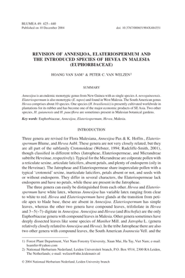 Revision of Annesijoa, Elateriospermum and the Introduced Species of Hevea in Malesia (Euphorbiaceae)