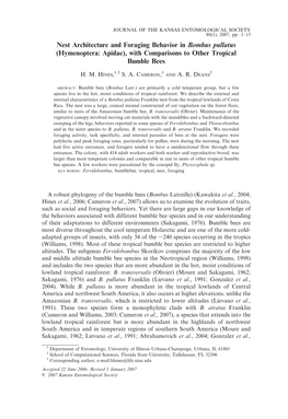 Nest Architecture and Foraging Behavior in Bombus Pullatus (Hymenoptera: Apidae), with Comparisons to Other Tropical Bumble Bees