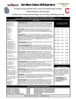 Fort Wayne Tincaps 2019 Game Notes