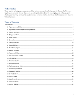 Vedic Sukthas Table of Contents