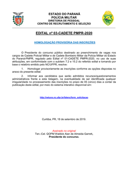 EDITAL Nº 03-CADETE PMPR-2020 Homologação Provisória Das Inscrições Publicado