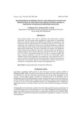 Measurement of Productivity and Efficiency of Potato Production in Two Selected Areas of Bangladesh: a Translog Stochastic Frontier Analysis