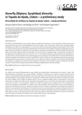 Hoverfly (Diptera: Syrphidae) Diversity in Tapada Da Ajuda, Lisbon – a Preliminary Study Diversidade De Sirfídeos Na Tapada Da Ajuda, Lisboa – Estudo Preliminar