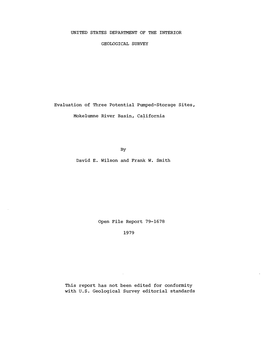 Evaluation of Three Potential Pumped-Storage Sites, Mokelumne River Basin, California