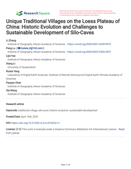 Unique Traditional Villages on the Loess Plateau of China: Historic Evolution and Challenges to Sustainable Development of Silo-Caves