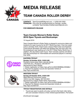 Team Canada Roller Derby Media Release