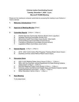 1 Criminal Justice Coordinating Council Tuesday, December 1, 2020