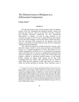 The Distinctiveness of Religion As a Jeffersonian Compromise