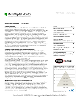 Microcapital Monitor FEBRUARY 2008 | VOLUME.3 ISSUE.2 the CANDID VOICE for MICROFINANCE INVESTMENT