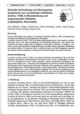 Aktuelle Verbreitung Und Ökologische Ansprüche Von Lycophotia