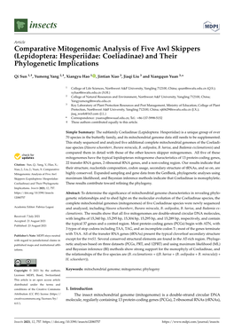 Comparative Mitogenomic Analysis of Five Awl Skippers (Lepidoptera: Hesperiidae: Coeliadinae) and Their Phylogenetic Implications