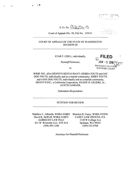 FILED \::: Plaintiff/Petitioner, JAN - 5 2016 0Dr=:­ Washington STA~\J Vs