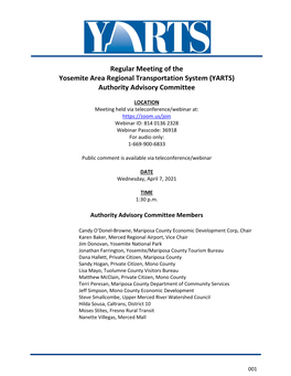 Regular Meeting of the Yosemite Area Regional Transportation System (YARTS) Authority Advisory Committee