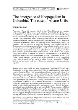 The Emergence of Neopopulism in Colombia? the Case of Álvaro Uribe