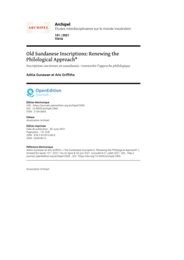 Old Sundanese Inscriptions: Renewing the Philological Approach* Inscriptions Anciennes En Soundanais : Renouveler L'approche Philologique