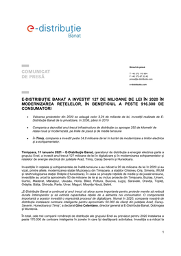 E-Distribuție Banat a Investit 127 De Milioane De Lei În 2020 În Modernizarea Rețelelor, În Beneficiul a Peste 916.300 De Consumatori