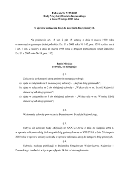 Uchwała Nr V/23/2007 Rady Miejskiej Brześcia Kujawskiego Z Dnia 27 Lutego 2007 Roku