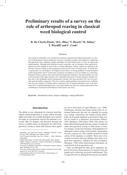 Preliminary Results of a Survey on the Role of Arthropod Rearing in Classical Weed Biological Control